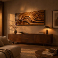 Wide wall art panel carved with deep swirls and eddies that flow like water above a low console in an evening living room