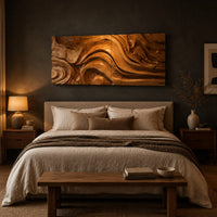 Wide wall art panel carved with deep swirls and eddies that flow like water above a bed in a dusk lit bedroom