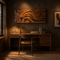 Wide wall art panel carved with deep swirls and eddies that flow like water above a desk in a dark study corner