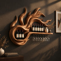 Wine rack carved as swirling flames with a long shelf and stemware rail, three-quarter view showing the grain