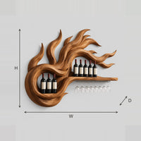 Swirling Flame Carved Wine Rack With Stemware Rail And Shelf dimension diagram with width, height and depth