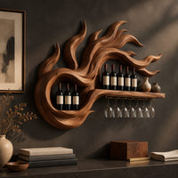 Corner detail of wine rack carved as swirling flames with a long shelf and stemware rail beside wood, brass and linen samples