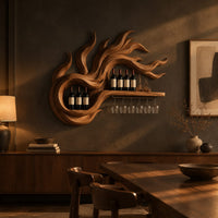 Wine rack carved as swirling flames with a long shelf and stemware rail in a dark dining room at golden hour