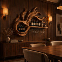 Wine rack carved as swirling flames with a long shelf and stemware rail in an evening dining room with walnut wall paneling