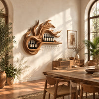 Wine rack carved as swirling flames with a long shelf and stemware rail in a bright dining room with arched windows and plants