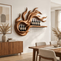 Wine rack carved as swirling flames with a long shelf and stemware rail in a Scandinavian dining room with white walls