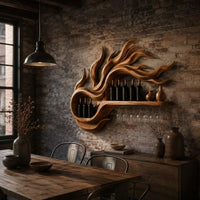 Wine rack carved as swirling flames with a long shelf and stemware rail in an industrial loft dining room with exposed brick