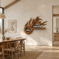 Wine rack carved as swirling flames with a long shelf and stemware rail in a bright open plan dining room