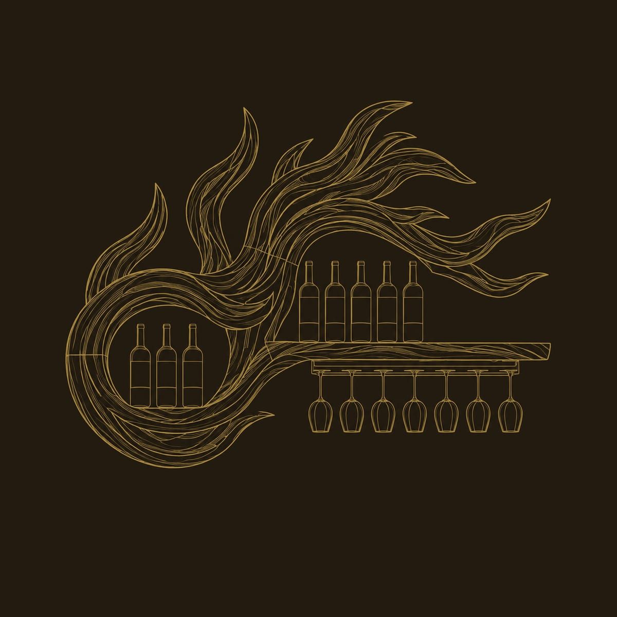 Swirling Flame Carved Wine Rack With Stemware Rail And Shelf dimension diagram
