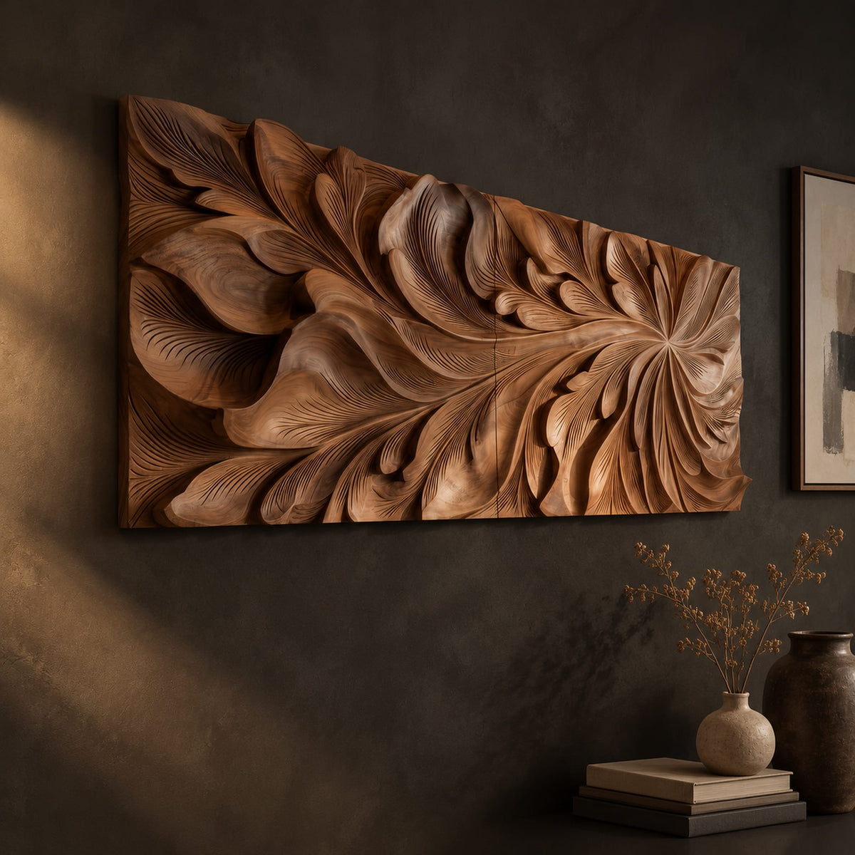 Wide wooden relief panel carved with swirling overlapping leaves on a dark charcoal plaster wall