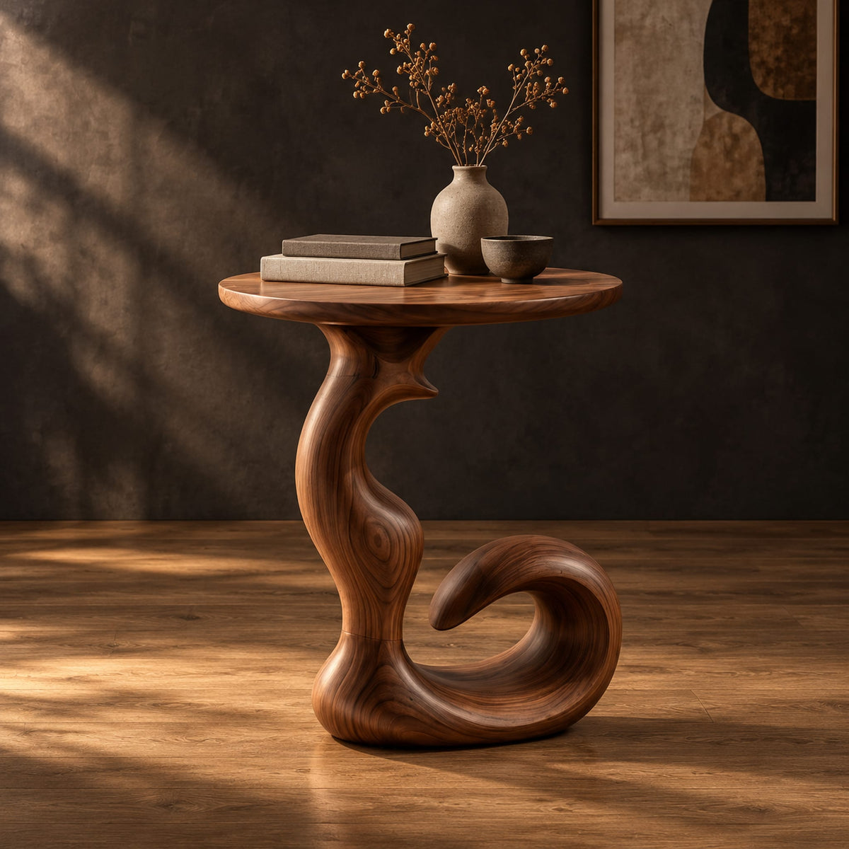 Round side table on a swirling pedestal with a curled foot in a dark studio against a charcoal plaster wall
