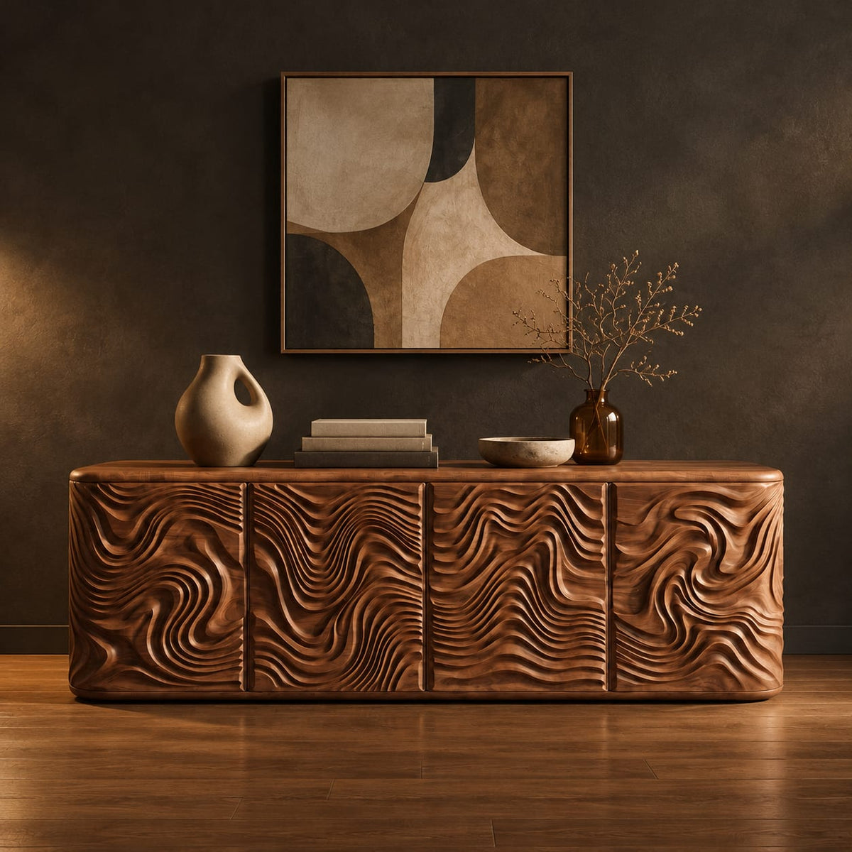 Long sideboard with four doors carved in deep swirling ripples in a dark studio against a charcoal plaster wall