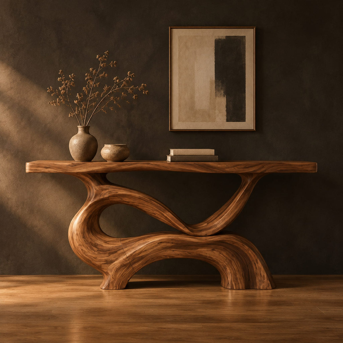 Console table with a slim plank top on a swirling sculpted base in a dark studio against a charcoal plaster wall