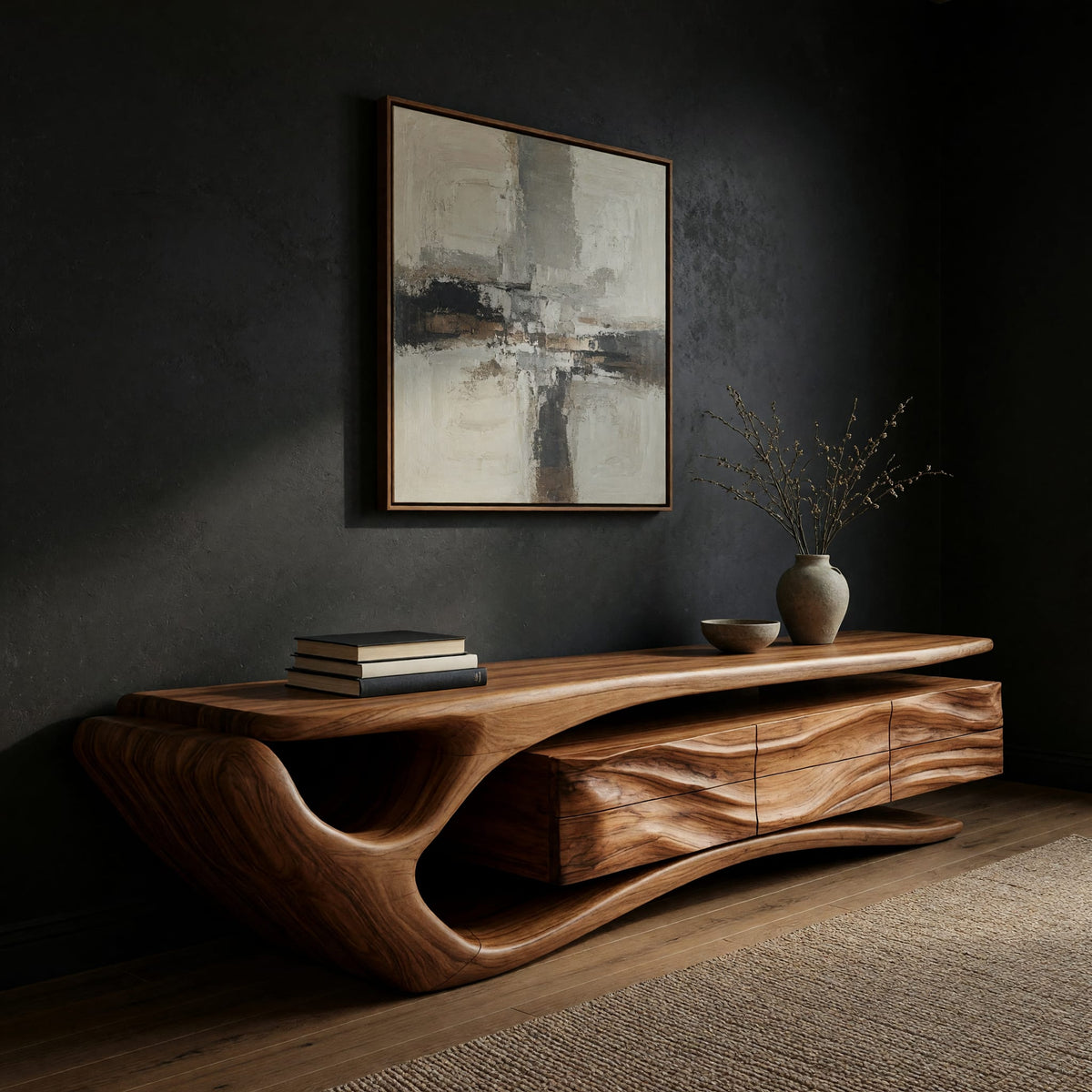 TV cabinet with a sweeping cantilever top over drawers in a dark studio against a charcoal wall