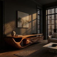 TV cabinet with a sweeping cantilever top over drawers in a living room at golden hour