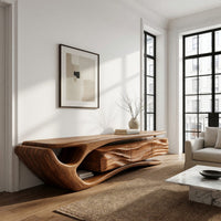 TV cabinet with a sweeping cantilever top over drawers in a bright modern living room