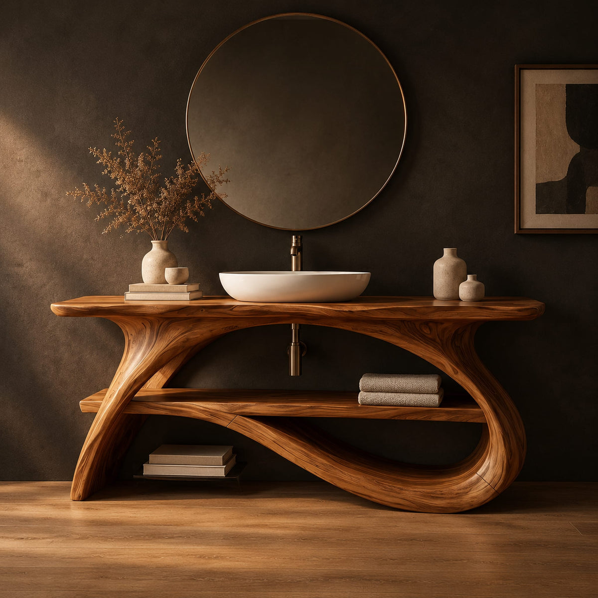 Long slab top on swooping branch like legs with a lower wooden shelf in a dark studio against a charcoal plaster wall