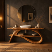 Long slab top on swooping branch like legs with a lower wooden shelf in a dark bathroom at golden hour
