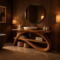 Long slab top on swooping branch like legs with a lower wooden shelf in an evening bathroom with walnut wall paneling