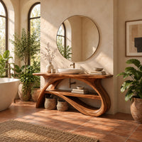 Long slab top on swooping branch like legs with a lower wooden shelf in a bright bathroom with arched windows and plants