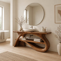 Long slab top on swooping branch like legs with a lower wooden shelf in a Scandinavian bathroom with white walls
