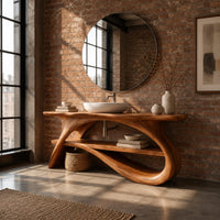 Long slab top on swooping branch like legs with a lower wooden shelf in an industrial loft bathroom with exposed brick
