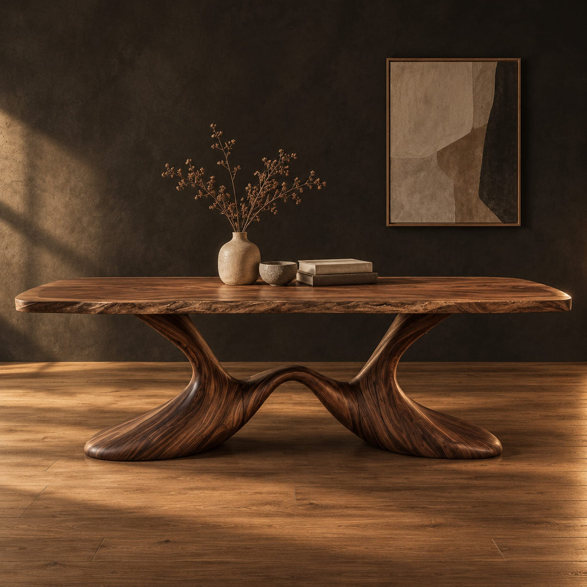 Dining table with a soft edged top on a swooping wave base in a dark studio against a charcoal plaster wall