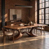Dining table with a soft edged top on a swooping wave base in an industrial loft dining room with exposed brick