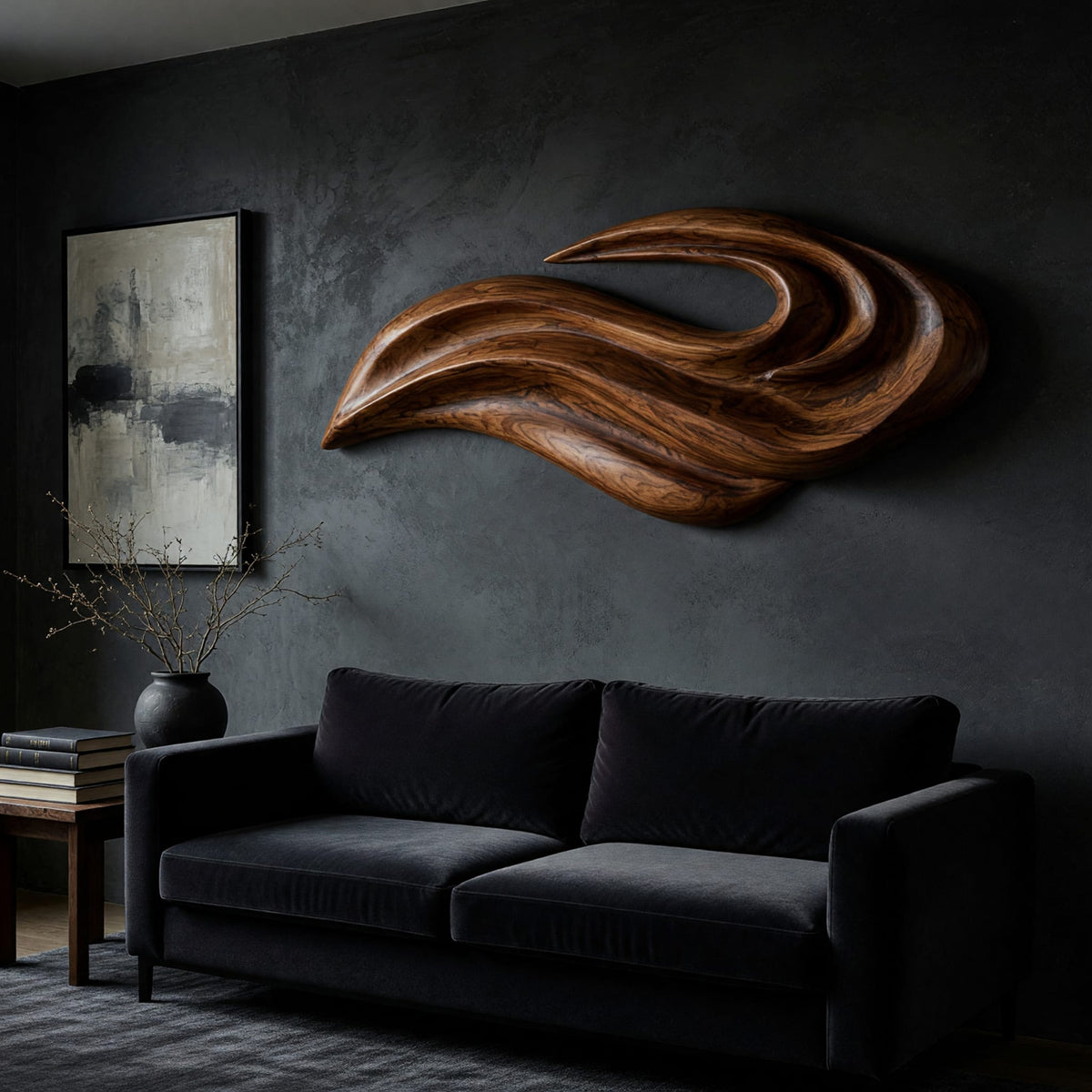 Layered swoosh carved wooden wall sculpture on a dark charcoal plaster wall