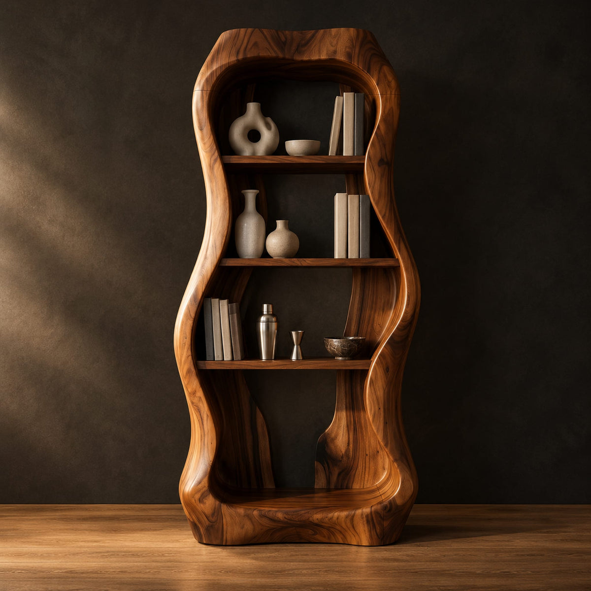Tall bar cabinet with a thick wavy frame and open shelves in a dark studio against a charcoal plaster wall