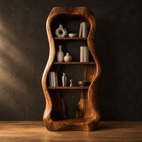Tall bar cabinet with a thick wavy frame and open shelves in a dark studio against a charcoal plaster wall