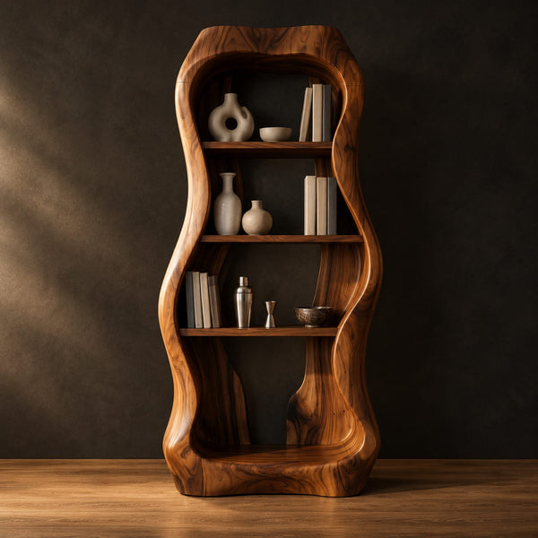 Tall Bar Cabinet With Thick Wavy Frame And Open Shelves