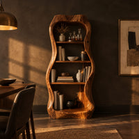 Tall bar cabinet with a thick wavy frame and open shelves in a dark dining room at golden hour