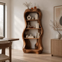 Tall bar cabinet with a thick wavy frame and open shelves in a Scandinavian dining room with white walls