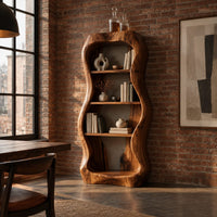 Tall bar cabinet with a thick wavy frame and open shelves in an industrial loft dining room with exposed brick