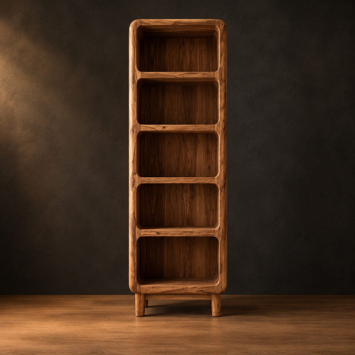 Tall open shelf cabinet with five bays and softened corners in a dark studio against a charcoal plaster wall
