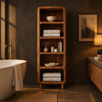 Tall open shelf cabinet with five bays and softened corners in a dark bathroom at golden hour