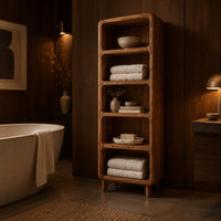 Tall open shelf cabinet with five bays and softened corners in an evening bathroom with walnut wall paneling