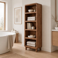 Tall open shelf cabinet with five bays and softened corners in a Scandinavian bathroom with white walls
