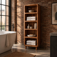 Tall open shelf cabinet with five bays and softened corners in an industrial loft bathroom with exposed brick