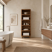 Tall open shelf cabinet with five bays and softened corners in a bright open plan bathroom