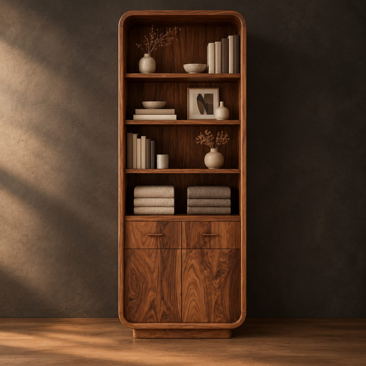Tall bathroom cabinet with four open shelves above two small drawers and two doors in a dark studio against a charcoal plaster wall