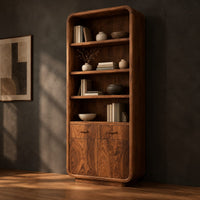 Tall bathroom cabinet with four open shelves above two small drawers and two doors, three-quarter view showing the grain