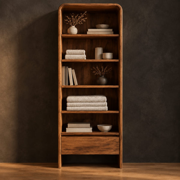 Tall Bathroom Cabinet With Open Shelves And Soft Top Edges