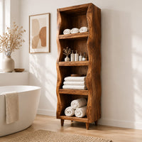 Tall narrow cabinet with wavy side panels and four open shelves in a Scandinavian bathroom with white walls