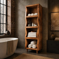 Tall narrow cabinet with wavy side panels and four open shelves in an industrial loft bathroom with exposed brick