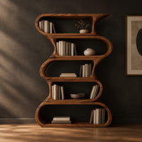 Tall bookshelf made of five stacked open wavy loop tiers in a dark studio against a charcoal plaster wall