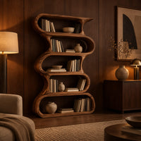 Tall bookshelf made of five stacked open wavy loop tiers in an evening living room with walnut wall paneling