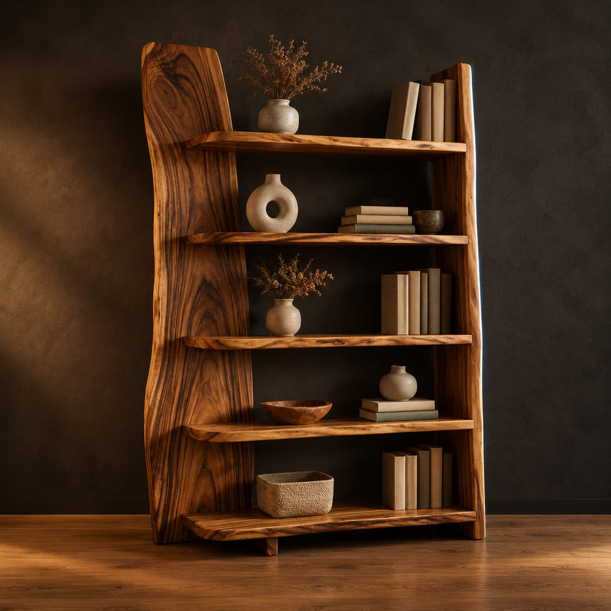 Bookshelf with five shelves and a tall slab side with a wavy outline in a dark studio against a charcoal plaster wall