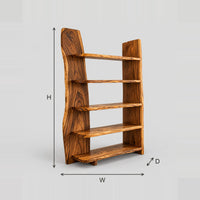 Tall Bookshelf With Five Wavy Edge Shelves And A Slab Side dimension diagram with width, height and depth